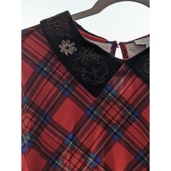 Charter‎ Club Plaid Top Velvet Collar Embroidery Sequins Blouse Red M Holiday - Picture 7 of 10